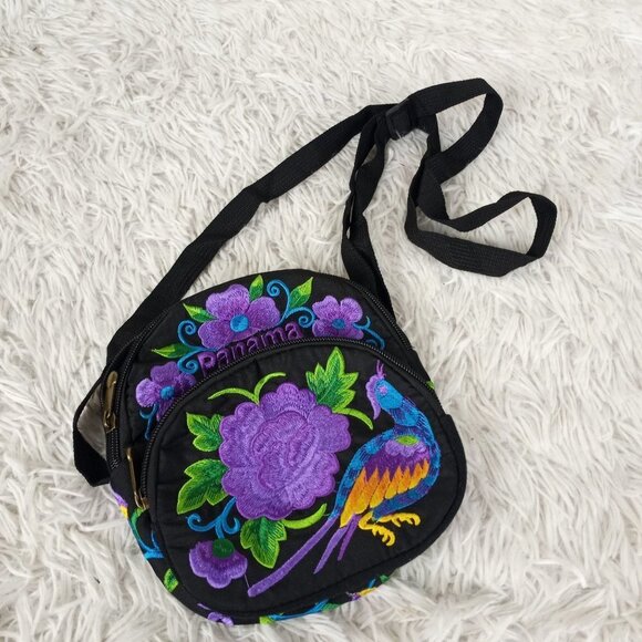 Panama Embroidered Purse 6 X 8 Gorgeous Purple Blue Floral Bird - Picture 1 of 6